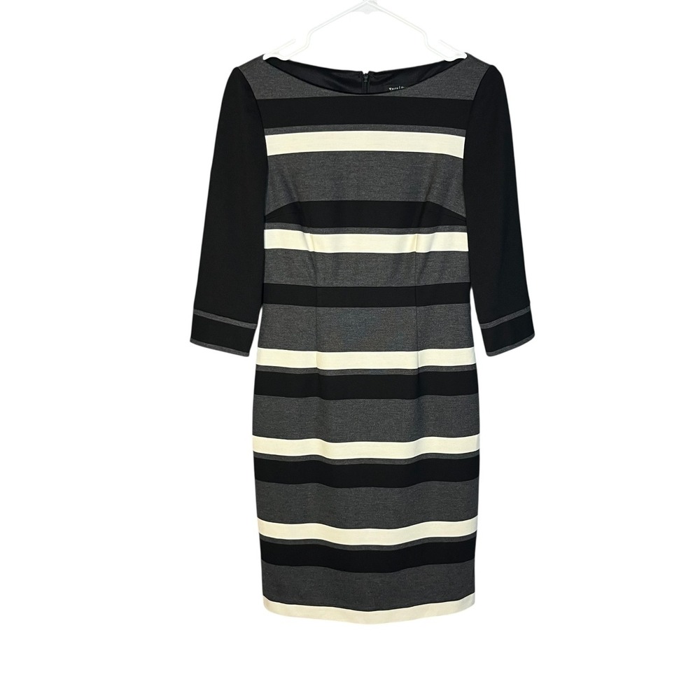 White House Black Market 3/4 Sleeve Striped Dress Knee Length Lined 4‎
